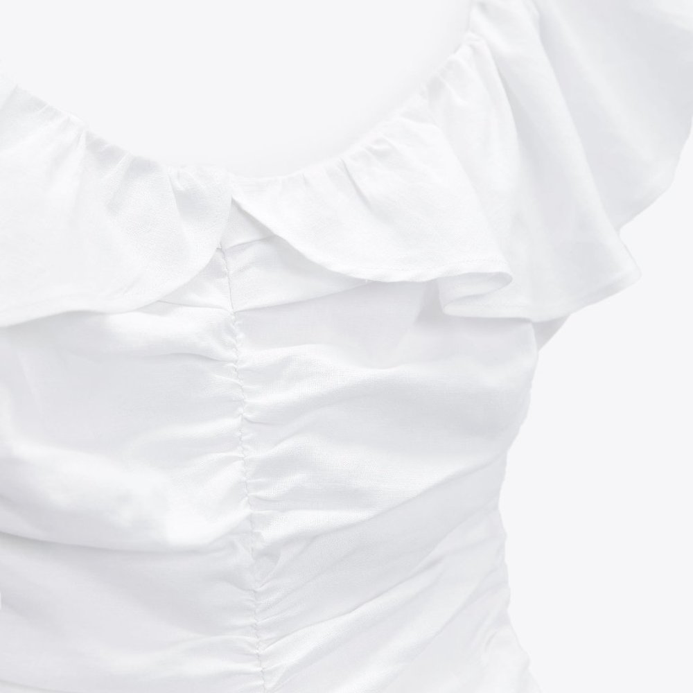 ZARA WHITE LINEN BLEND DRAPED DRESS WITH RUFFLES - Picture 4 of 10